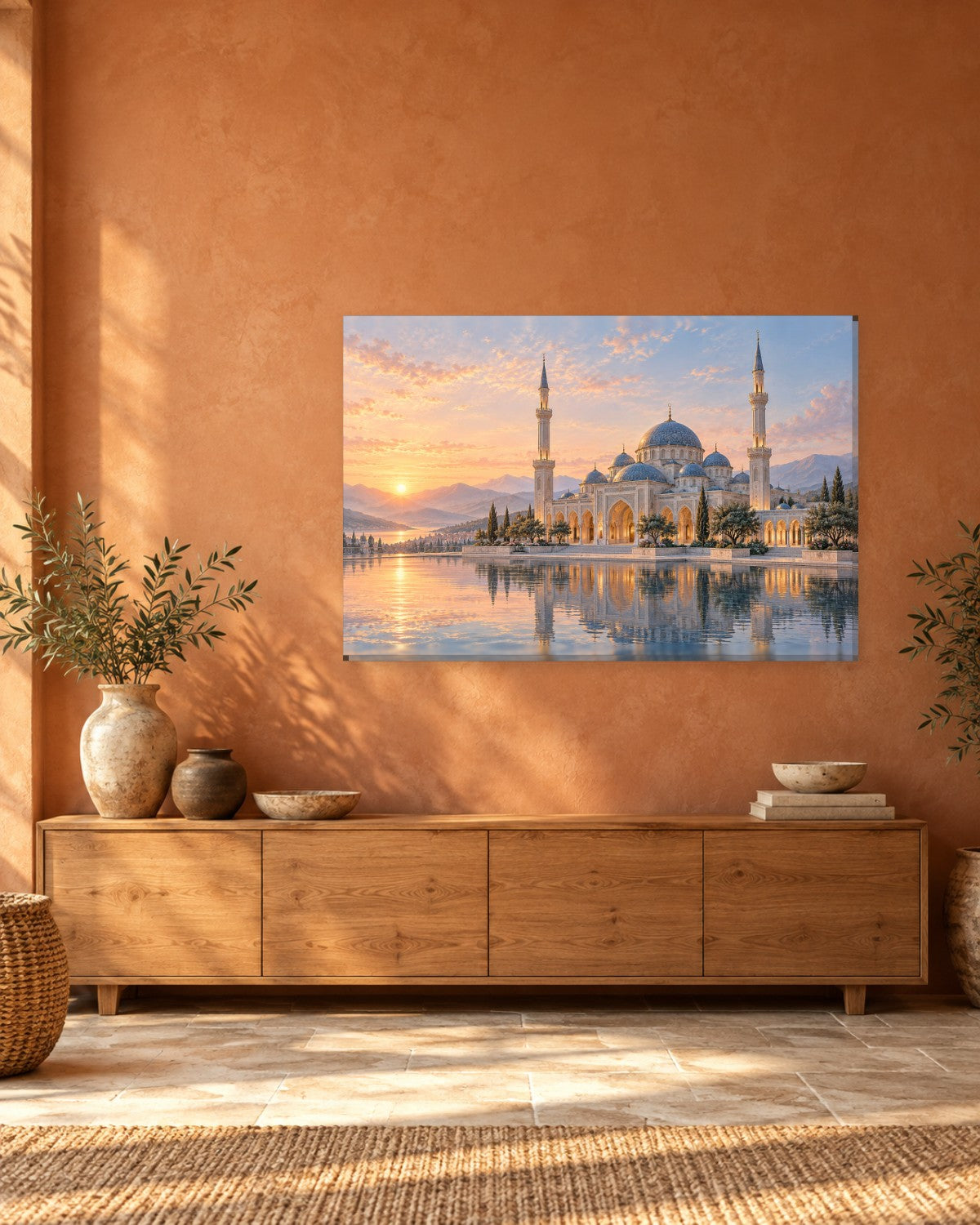 Mosque Wall Art - White Mosque with Blue Domes at First Light over a Mirror Lake, Peach and Blue Canvas - Gallery Canvas - 38mm / 48 x 32 / Unframed preview