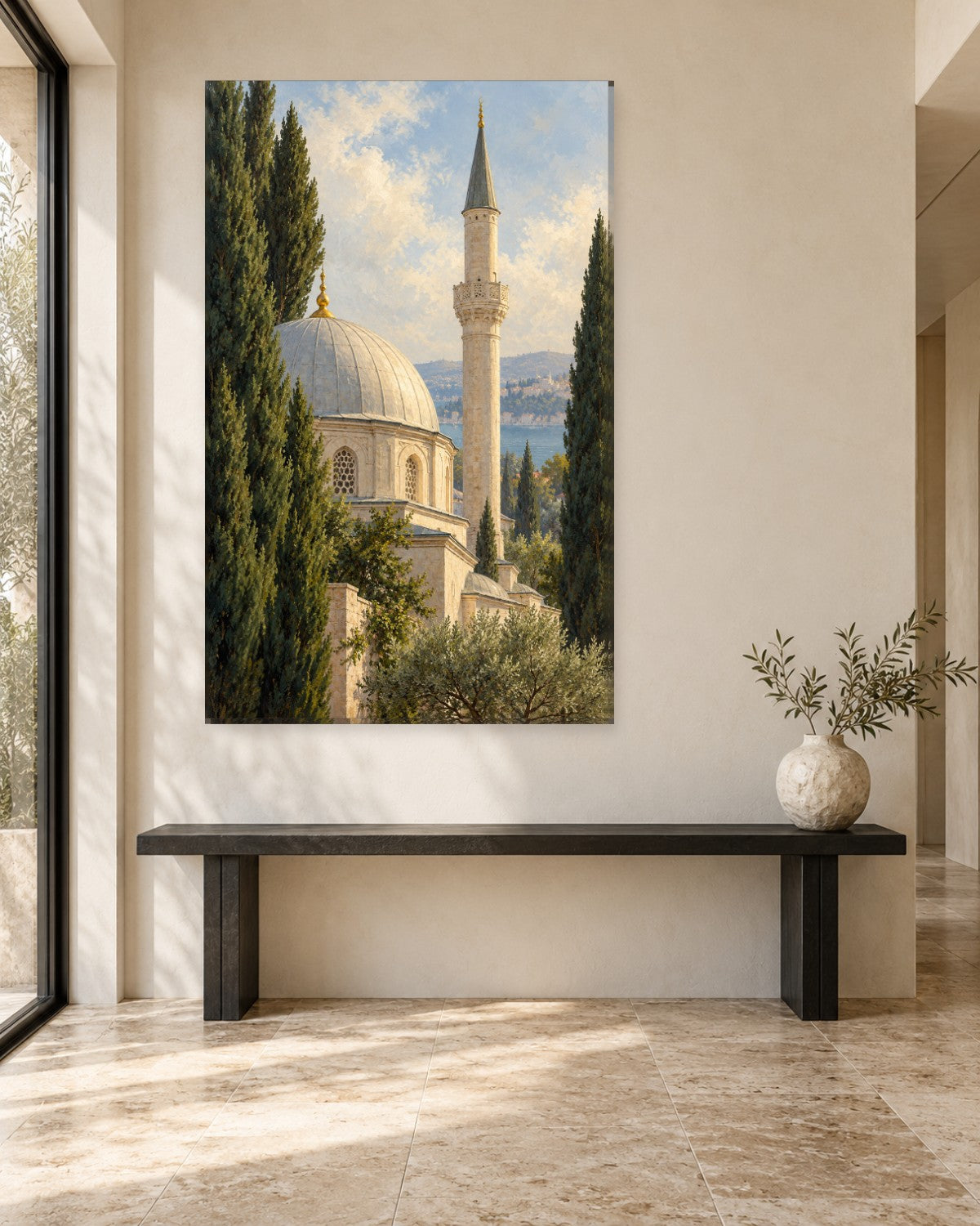 Mosque Wall Art - Ottoman Dome and Minaret Framed by Cypress Trees Above the Sea, Tall Sage and Stone Canvas - Gallery Canvas - 38mm / 48 x 32 / Unframed preview