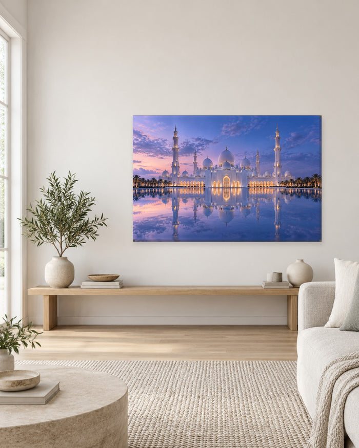 Mosque Wall Art - White Domed Mosque Lit at Dusk and Reflected in Still Water, Lavender and Slate Blue Canvas - Gallery Canvas - 38mm / 48 x 32 / Unframed preview