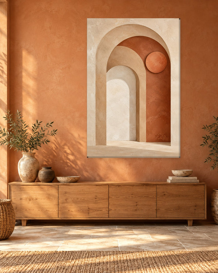 Terracotta Arch Wall Art - Nested Plaster Arches with a Rust Sun Disc, Tall Sand and Ivory Canvas - Gallery Canvas - 38mm / 48 x 32 / Unframed preview