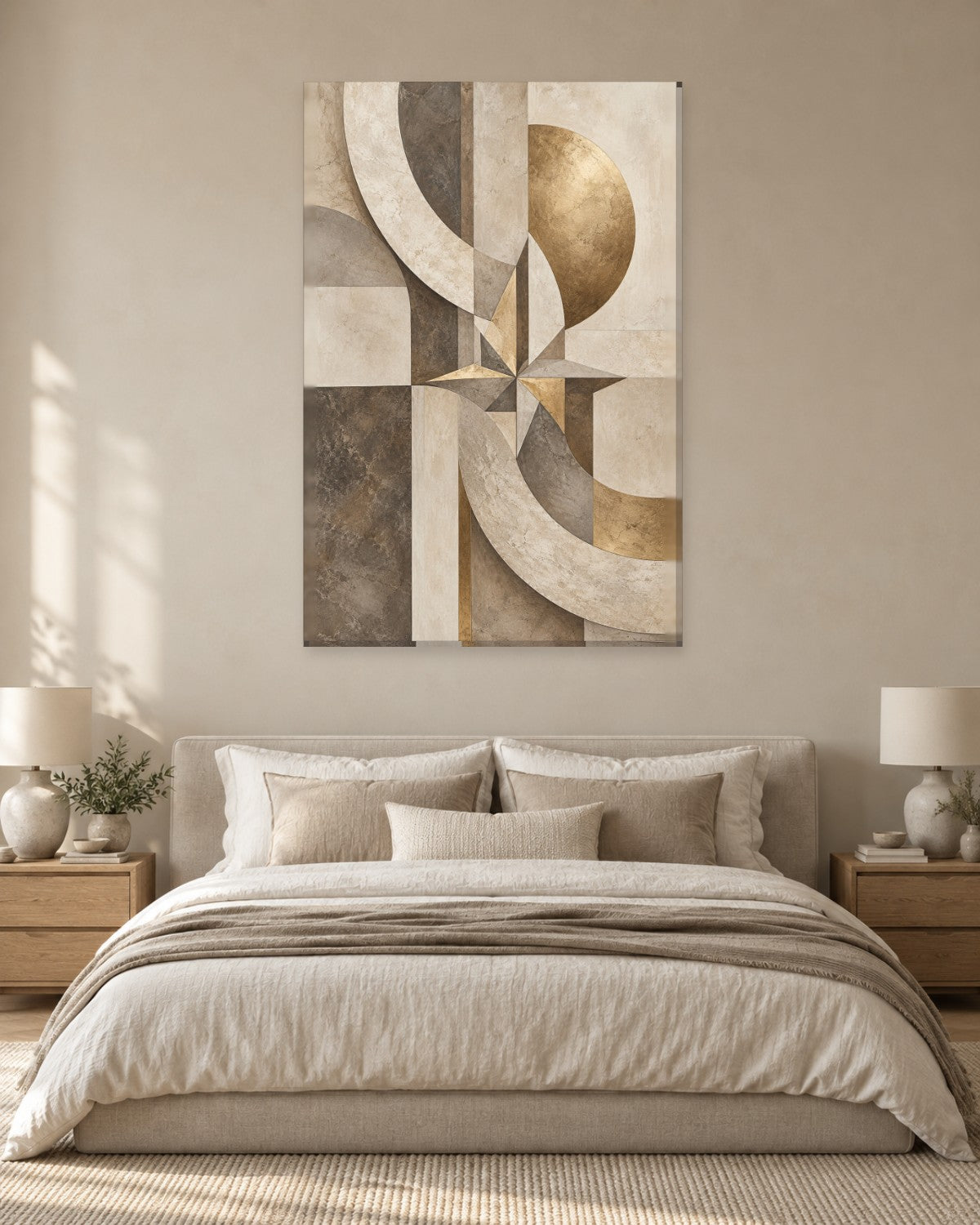 Neutral Abstract Wall Art - Marbled Arcs, Gold-Tone Sphere and Eight-Point Star, Tall Taupe and Cream Canvas - Gallery Canvas - 38mm / 48 x 32 / Unframed preview