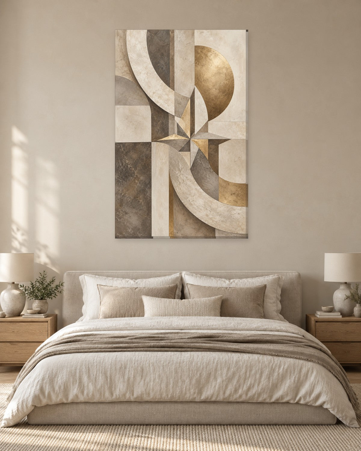 Neutral Abstract Wall Art - Marbled Arcs, Gold-Tone Sphere and Eight-Point Star, Tall Taupe and Cream Canvas - Gallery Canvas - 38mm / 48 x 32 / Unframed preview