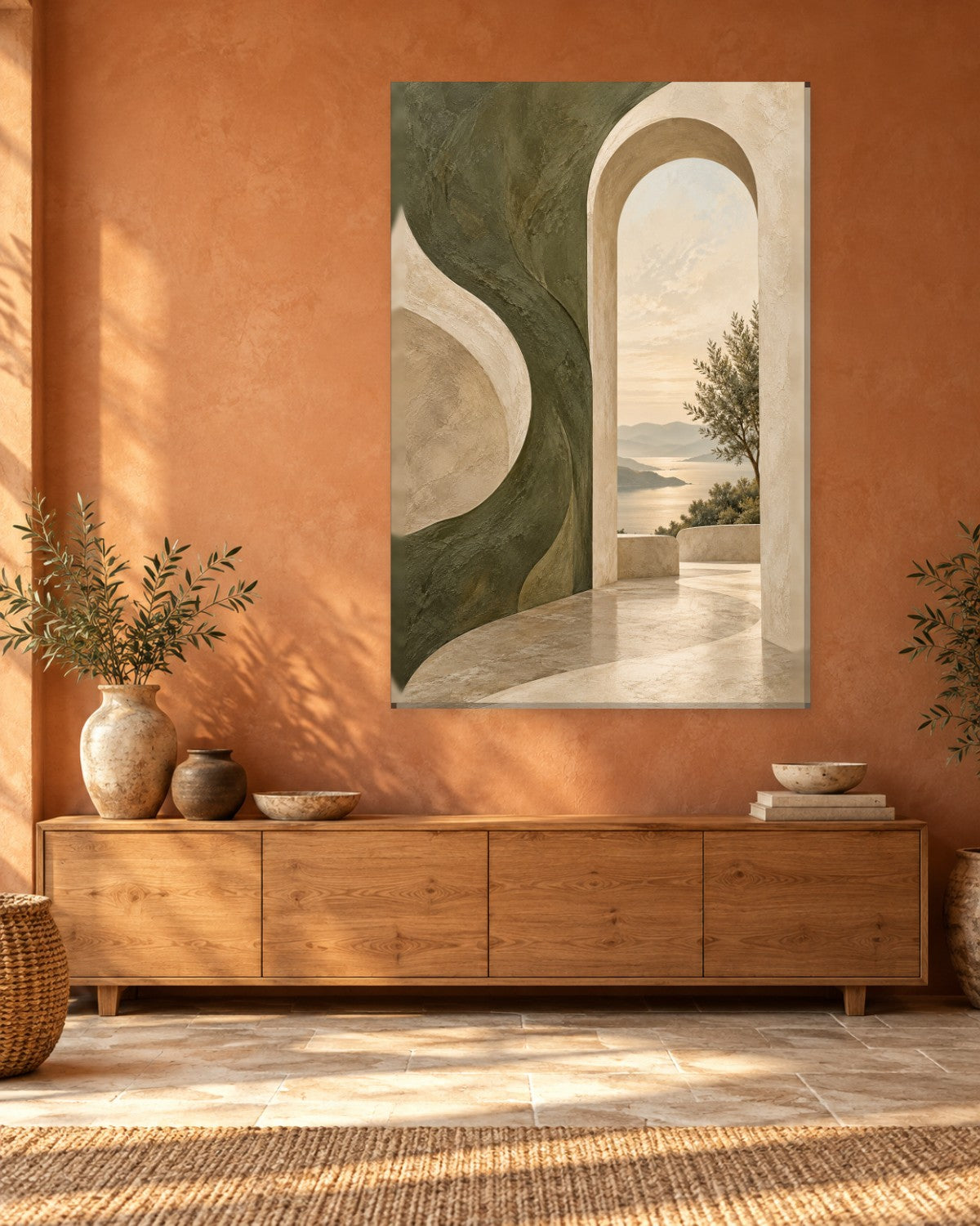 Mediterranean Arch Wall Art - Plaster Archway Framing an Olive Tree and Sea View, Tall Olive and Cream Canvas - Gallery Canvas - 38mm / 48 x 32 / Unframed preview