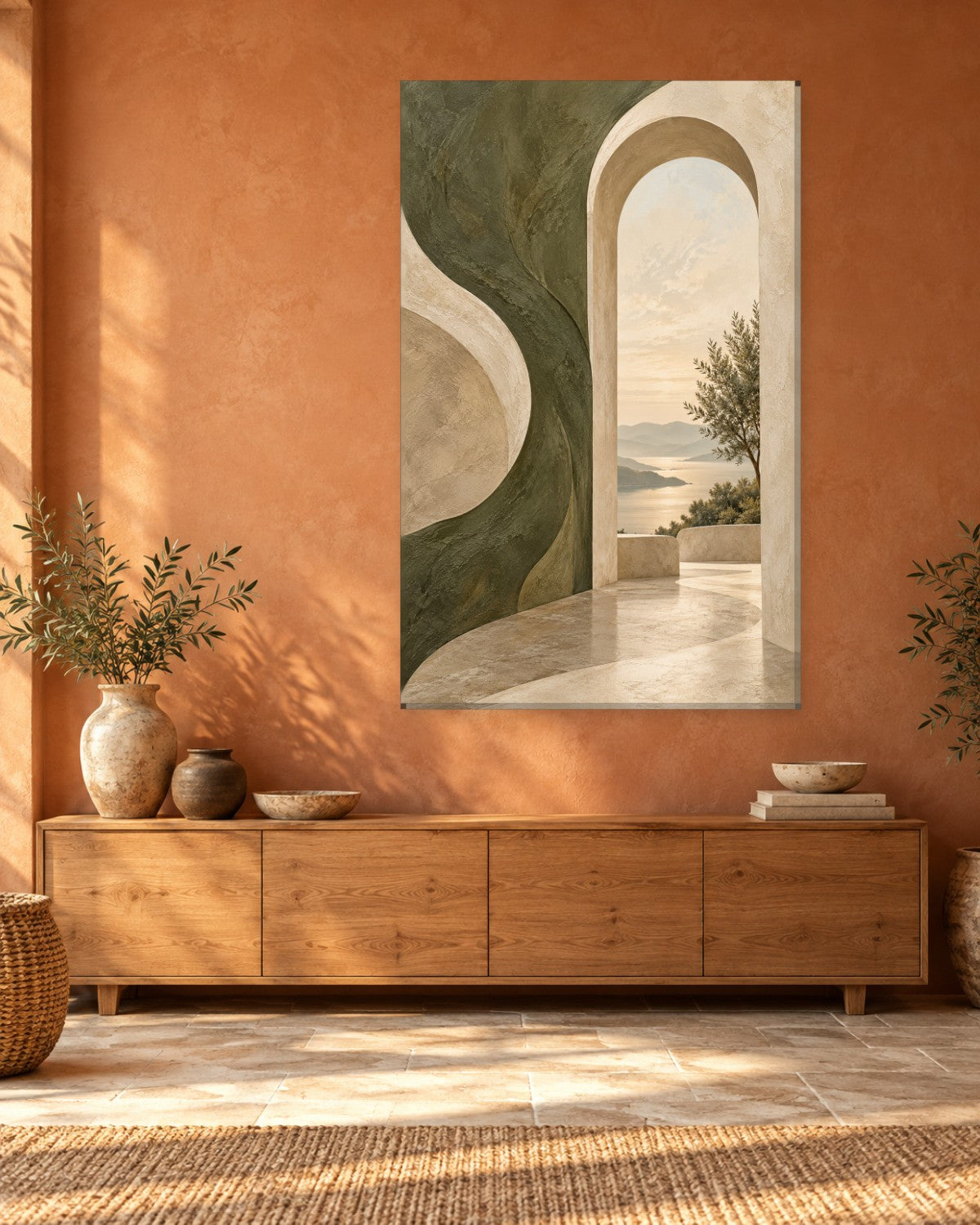 Mediterranean Arch Wall Art - Plaster Archway Framing an Olive Tree and Sea View, Tall Olive and Cream Canvas - Gallery Canvas - 38mm / 48 x 32 / Unframed preview