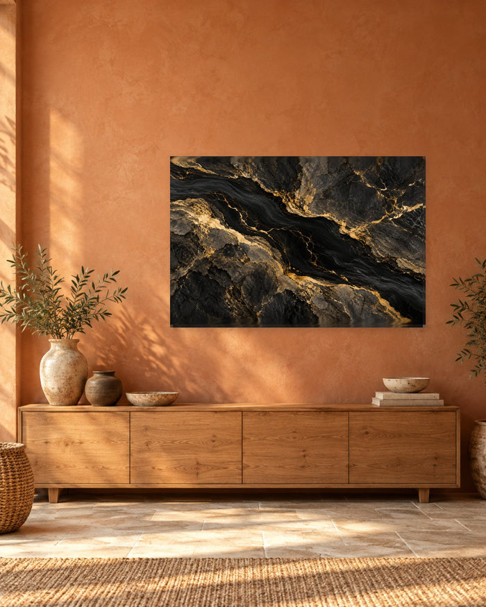 Black and Gold Marble Wall Art - Obsidian Stone with Gold-Tone Veins Around a Dark River Seam, Luxe Canvas - Gallery Canvas - 38mm / 48 x 32 / Unframed preview