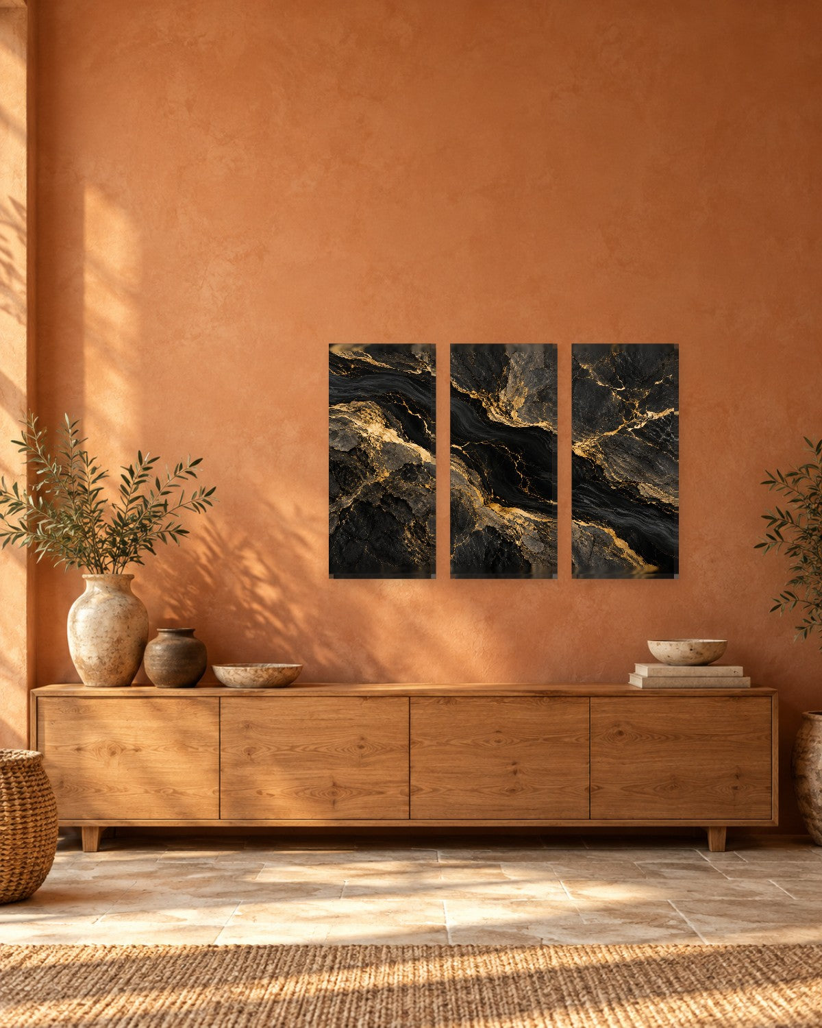 Black and Gold Marble Wall Art - Obsidian Stone with Gold-Tone Veins Around a Dark River Seam, Luxe Canvas - Gallery Canvas - 38mm / 48 x 32 / Unframed preview