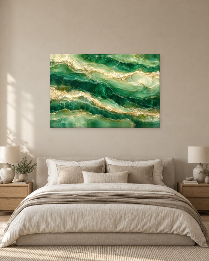 Green Marble Wall Art - Wavy Emerald and Jade Stone Layers with Cream Crystal Seams, Luxe Canvas - Gallery Canvas - 38mm / 48 x 32 / Unframed preview