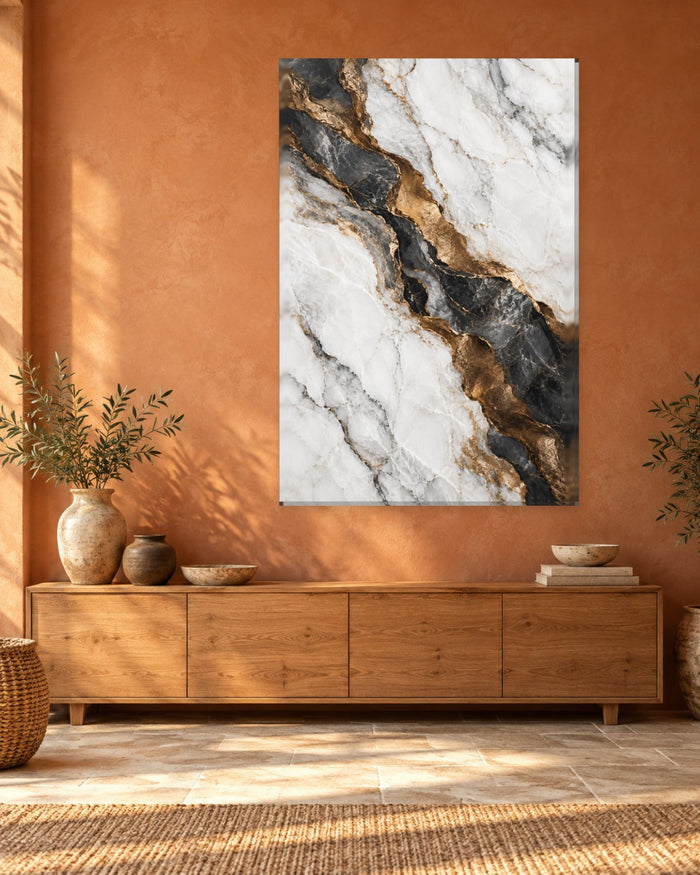 White and Gold Marble Wall Art - Charcoal and Bronze-Tone Veins Across White Stone, Tall Luxe Canvas - Gallery Canvas - 38mm / 48 x 32 / Unframed preview