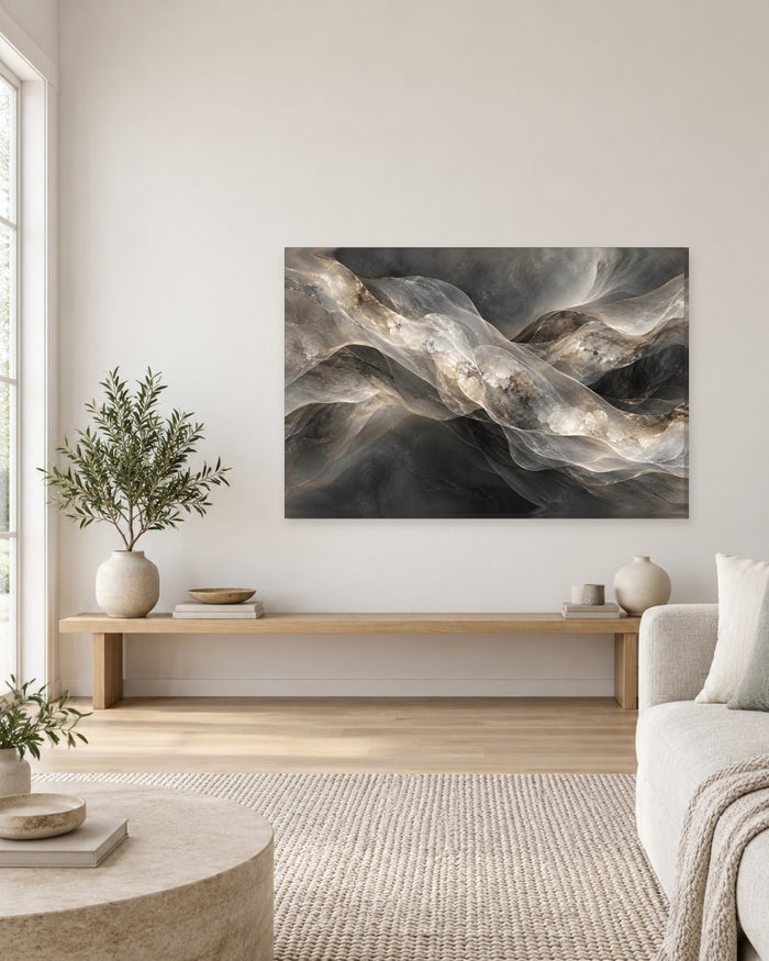 Grey Marble Wall Art - Smoky Quartz Veils Swirling Across Graphite Stone, Charcoal and Silver Canvas - Gallery Canvas - 38mm / 48 x 32 / Unframed preview