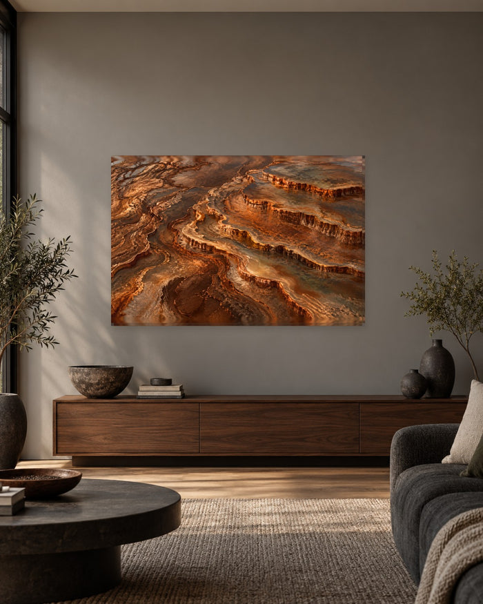 Copper Abstract Wall Art - Rust and Umber Stone Terraces Flowing in Layers, Warm Earthy Canvas - Gallery Canvas - 38mm / 48 x 32 / Unframed preview