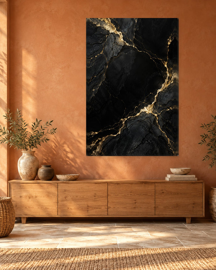 Black Gold Marble Wall Art - Fine Gold-Tone Veins Branching Across Black Stone, Tall Luxe Canvas - Gallery Canvas - 38mm / 48 x 32 / Unframed preview