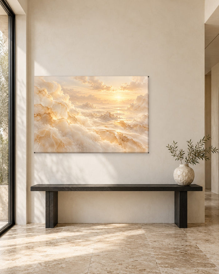 Cream Marble Wall Art - Onyx Cloudscape with a Golden Sunrise Glow, Ivory and Honey Stone Canvas - Gallery Canvas - 38mm / 48 x 32 / Unframed preview