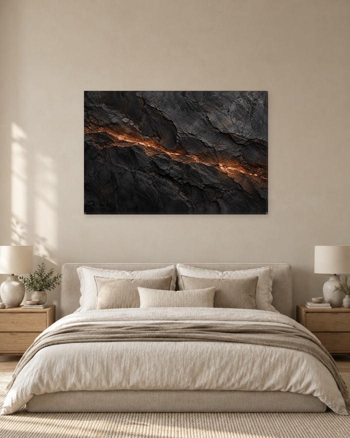 Black Stone Wall Art - Dark Basalt Rock Split by a Glowing Copper Seam, Charcoal and Ember Canvas - Gallery Canvas - 38mm / 48 x 32 / Unframed preview