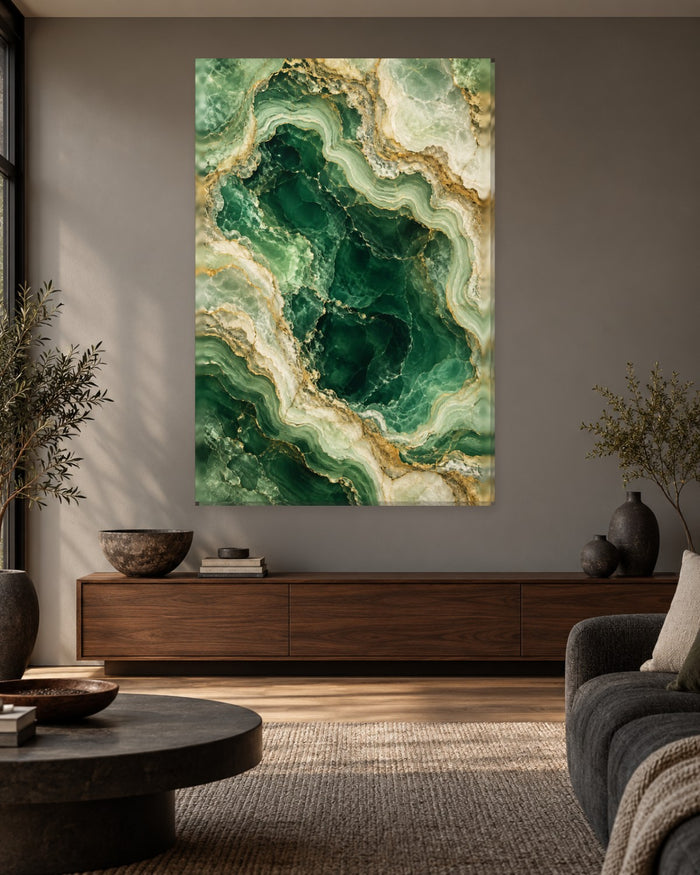 Green Marble Wall Art - Deep Emerald Onyx Pool Ringed with Mint and Gold-Tone Veins, Tall Forest Green Canvas - Gallery Canvas - 38mm / 48 x 32 / Unframed preview