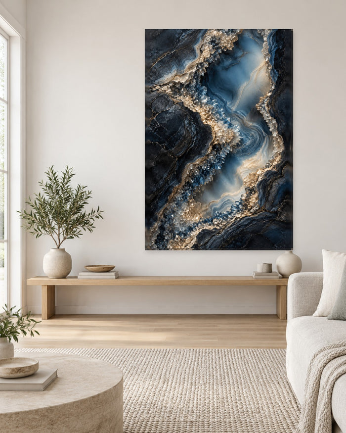 Geode Wall Art - Blue and Champagne Crystal Seam in Dark Midnight Stone, Tall Ink Blue Canvas - Gallery Canvas - 38mm / 48 x 32 / Unframed preview