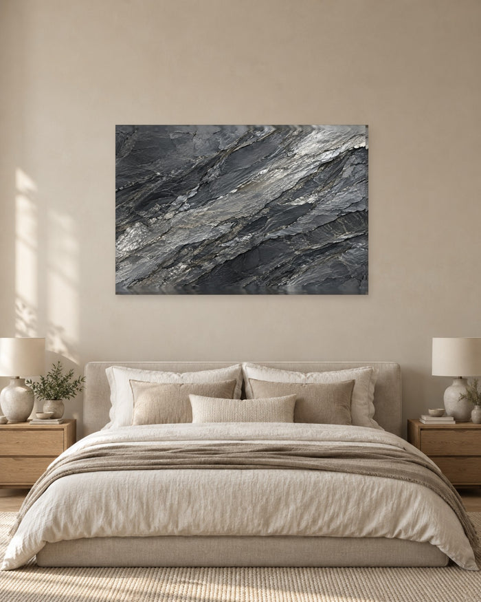 Grey Stone Wall Art - Layered Slate and Schist Rock with Silver Highlights, Graphite Grey Canvas - Gallery Canvas - 38mm / 48 x 32 / Unframed preview