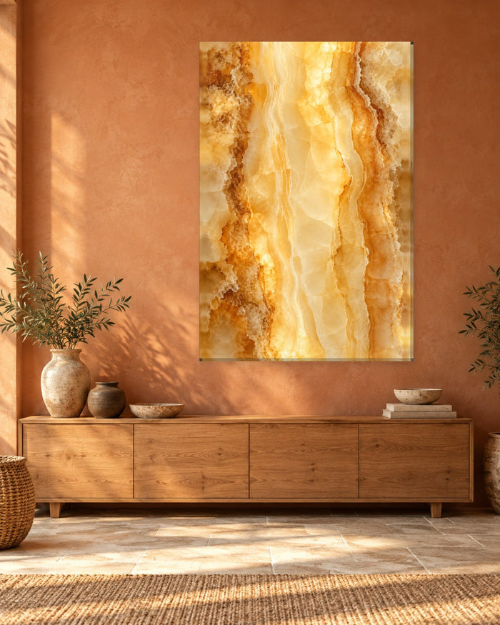 Honey Onyx Wall Art - Glowing Amber and Cream Stone Layers Lit from Within, Tall Golden Canvas - Gallery Canvas - 38mm / 48 x 32 / Unframed preview
