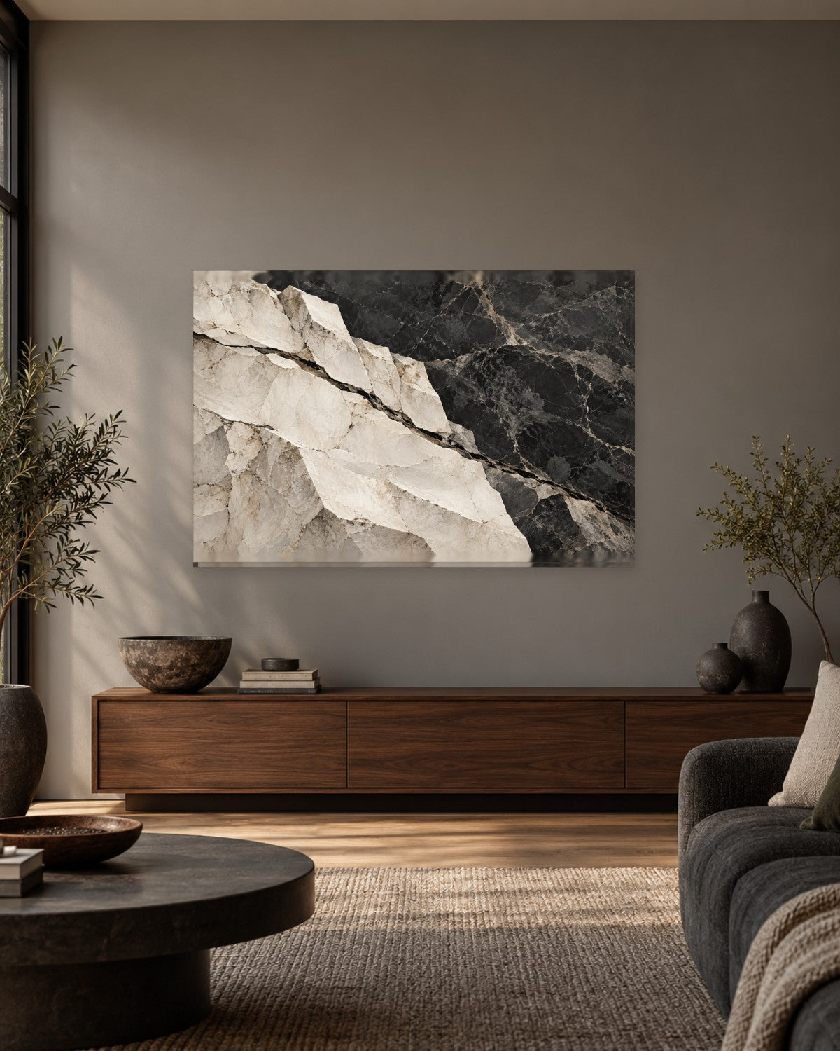 Black and White Marble Wall Art - Pale Chalk Rock Meeting Dark Veined Stone, Monochrome Taupe Canvas - Gallery Canvas - 38mm / 48 x 32 / Unframed preview