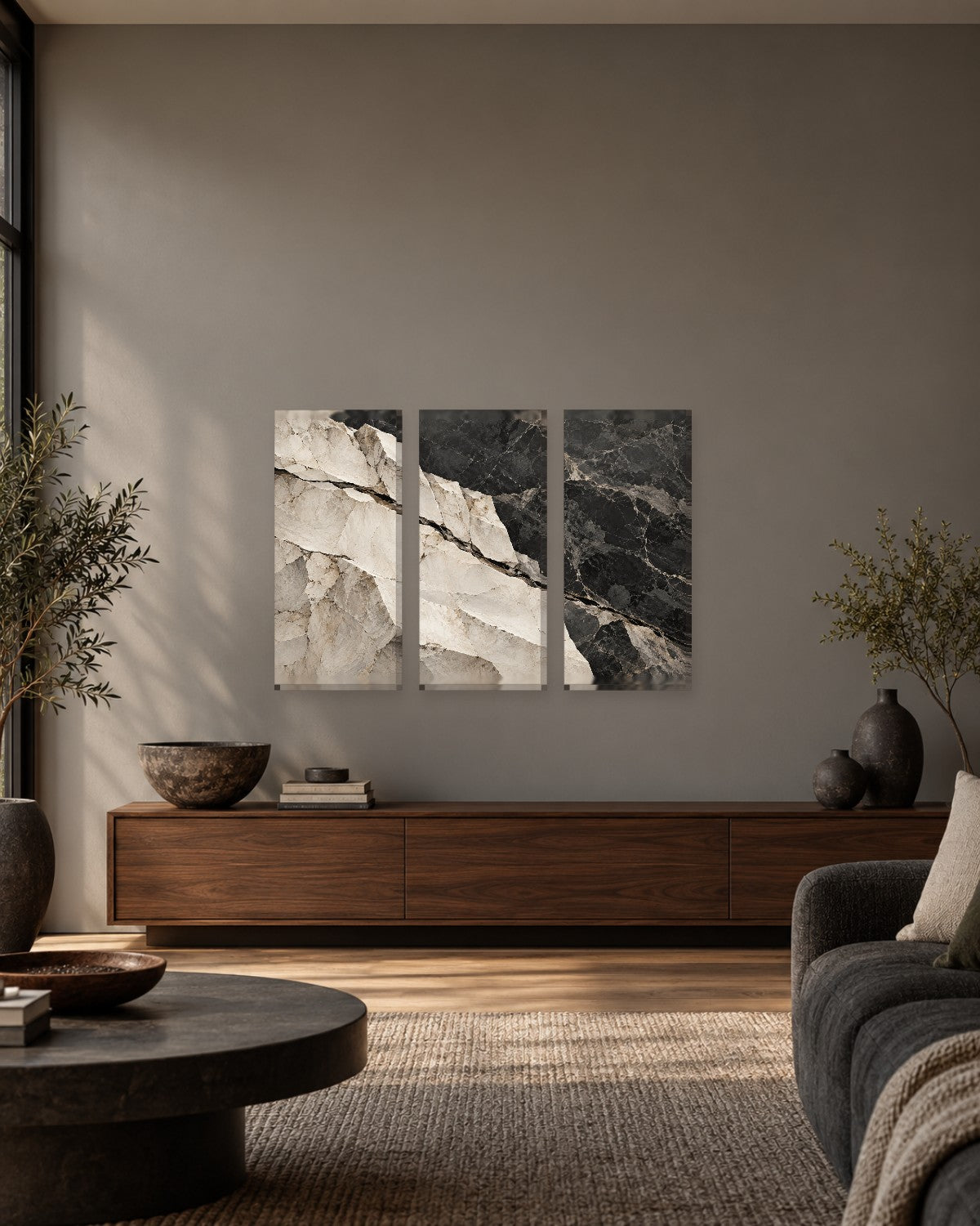 Black and White Marble Wall Art - Pale Chalk Rock Meeting Dark Veined Stone, Monochrome Taupe Canvas - Gallery Canvas - 38mm / 48 x 32 / Unframed preview