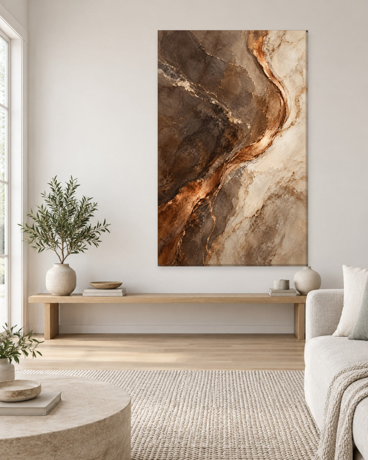 Brown Marble Wall Art - Smoky Brown Stone with a Copper-Tone Vein and Cream Edge, Tall Earthy Canvas - Gallery Canvas - 38mm / 48 x 32 / Unframed preview