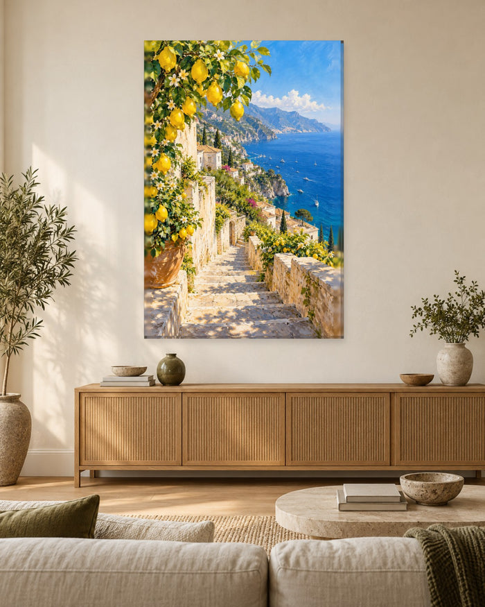 Amalfi Coast Wall Art - Stone Steps Under a Lemon Tree Above the Blue Bay, Tall Mediterranean Canvas - Gallery Canvas - 38mm / 48 x 32 / Unframed preview