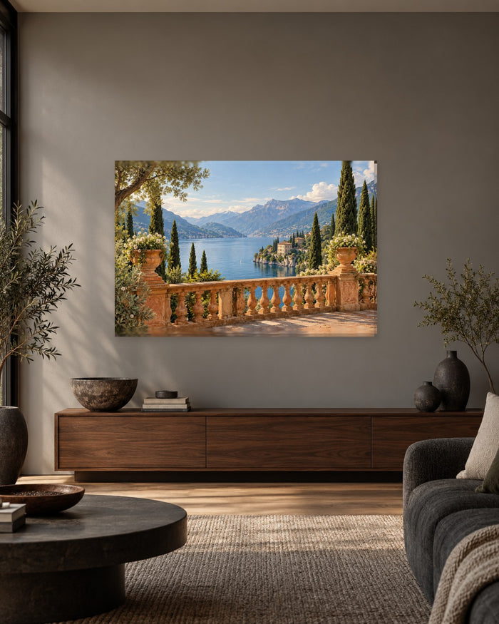 Lake Como Wall Art - Villa Terrace with Stone Urns and Cypress Trees Over the Lake, Blue and Terracotta Canvas - Gallery Canvas - 38mm / 48 x 32 / Unframed preview