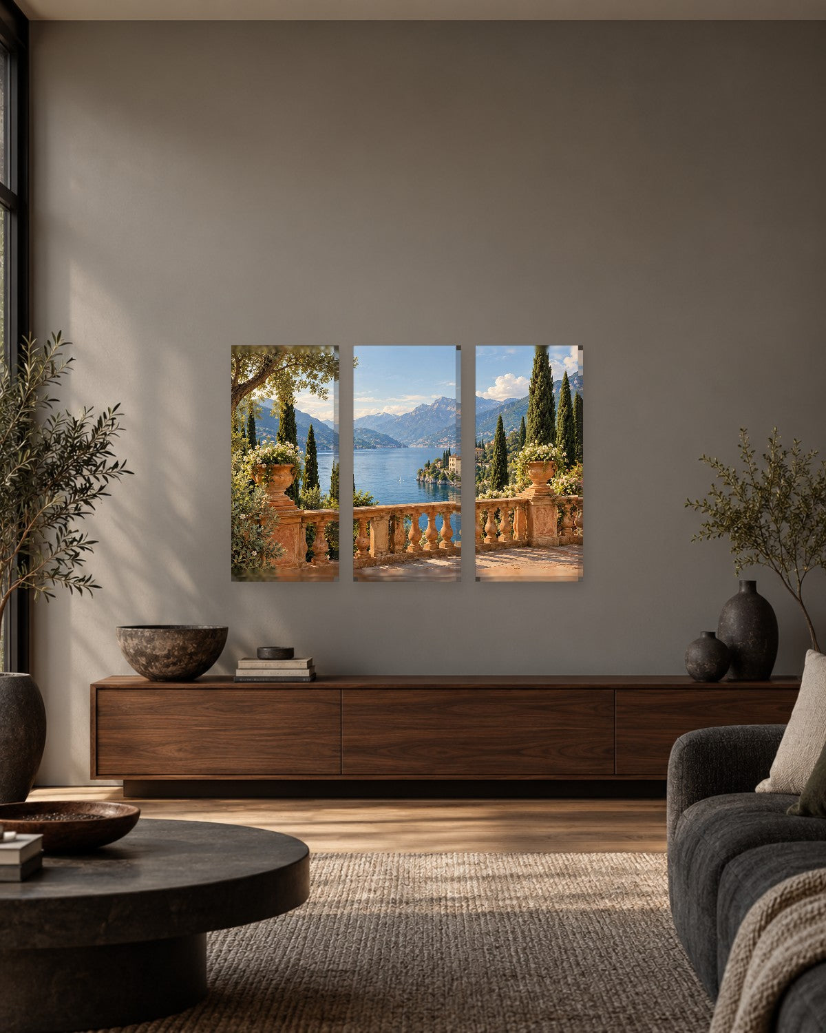 Lake Como Wall Art - Villa Terrace with Stone Urns and Cypress Trees Over the Lake, Blue and Terracotta Canvas - Gallery Canvas - 38mm / 48 x 32 / Unframed preview