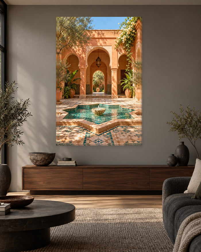 Moroccan Courtyard Wall Art - Riad Arches, Lantern and Tiled Fountain, Tall Terracotta and Turquoise Canvas - Gallery Canvas - 38mm / 48 x 32 / Unframed preview