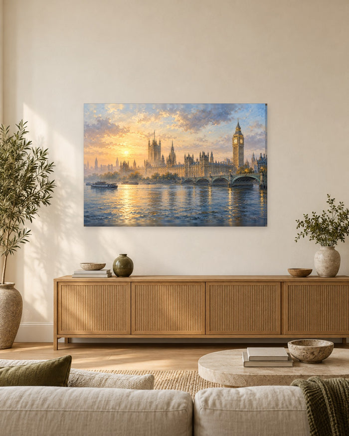 London Wall Art - Big Ben and the Houses of Parliament Over the Thames at Sunrise, Golden Blue Canvas - Gallery Canvas - 38mm / 48 x 32 / Unframed preview