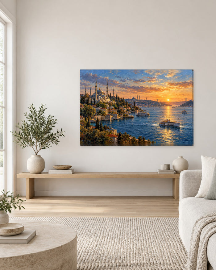 Istanbul Wall Art - Mosque Minarets and Bosphorus Ferries at Golden Sunset, Indigo and Amber Canvas - Gallery Canvas - 38mm / 48 x 32 / Unframed preview