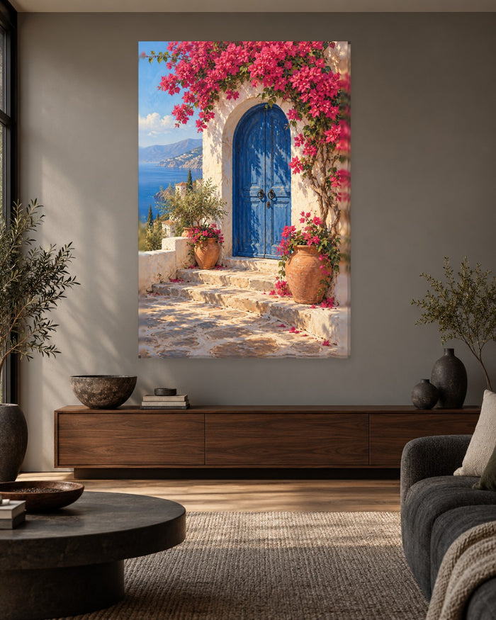Mediterranean Door Wall Art - Blue Door with Pink Bougainvillea and Terracotta Pots, Tall Sunny Canvas - Gallery Canvas - 38mm / 48 x 32 / Unframed preview
