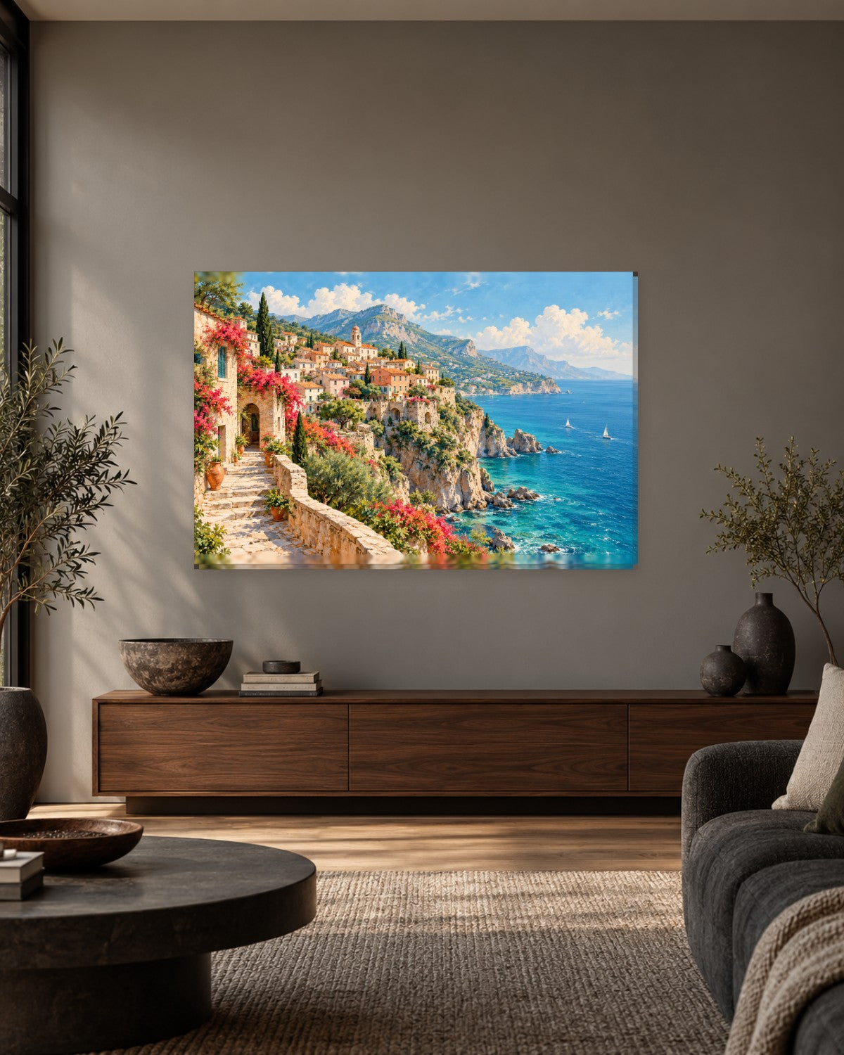 Amalfi Coast Wall Art - Cliffside Village with Bougainvillea Steps and Turquoise Sea, Coral and Blue Canvas - Gallery Canvas - 38mm / 48 x 32 / Unframed preview