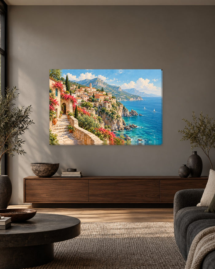 Amalfi Coast Wall Art - Cliffside Village with Bougainvillea Steps and Turquoise Sea, Coral and Blue Canvas - Gallery Canvas - 38mm / 48 x 32 / Unframed preview