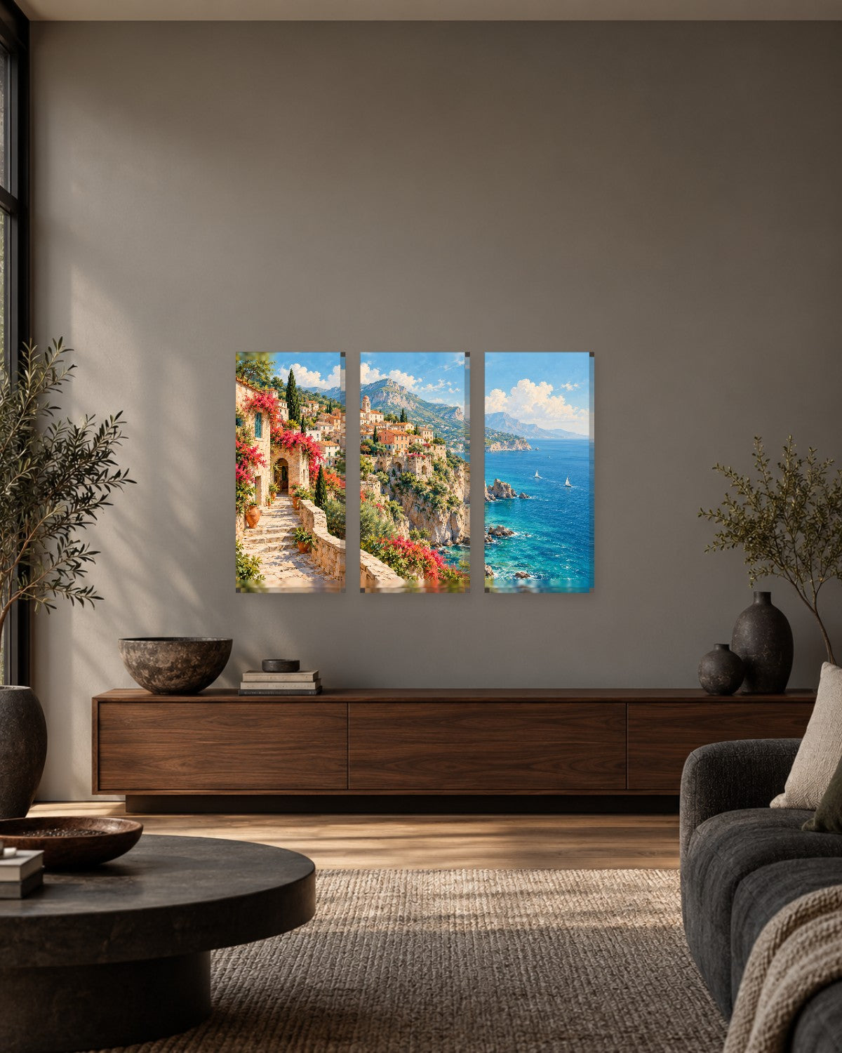 Amalfi Coast Wall Art - Cliffside Village with Bougainvillea Steps and Turquoise Sea, Coral and Blue Canvas - Gallery Canvas - 38mm / 48 x 32 / Unframed preview