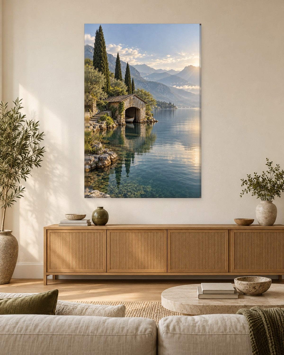 Lake Como Wall Art - Stone Boathouse with Cypress Trees and Mountain Reflections, Tall Sage and Blue Canvas - Gallery Canvas - 38mm / 48 x 32 / Unframed preview