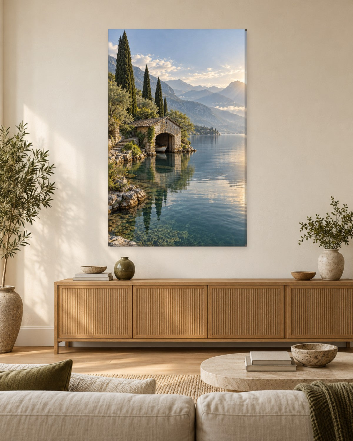 Lake Como Wall Art - Stone Boathouse with Cypress Trees and Mountain Reflections, Tall Sage and Blue Canvas - Gallery Canvas - 38mm / 48 x 32 / Unframed preview