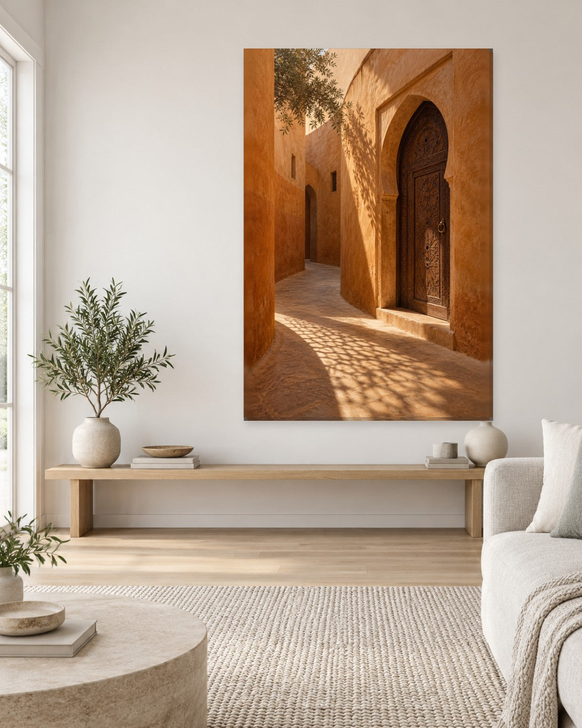 Moroccan Door Wall Art - Carved Wooden Door in a Sunlit Ochre Alleyway, Tall Warm Terracotta Canvas - Gallery Canvas - 38mm / 48 x 32 / Unframed preview