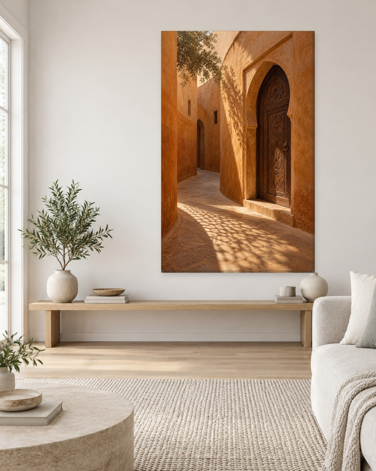 Moroccan Door Wall Art - Carved Wooden Door in a Sunlit Ochre Alleyway, Tall Warm Terracotta Canvas - Gallery Canvas - 38mm / 48 x 32 / Unframed preview