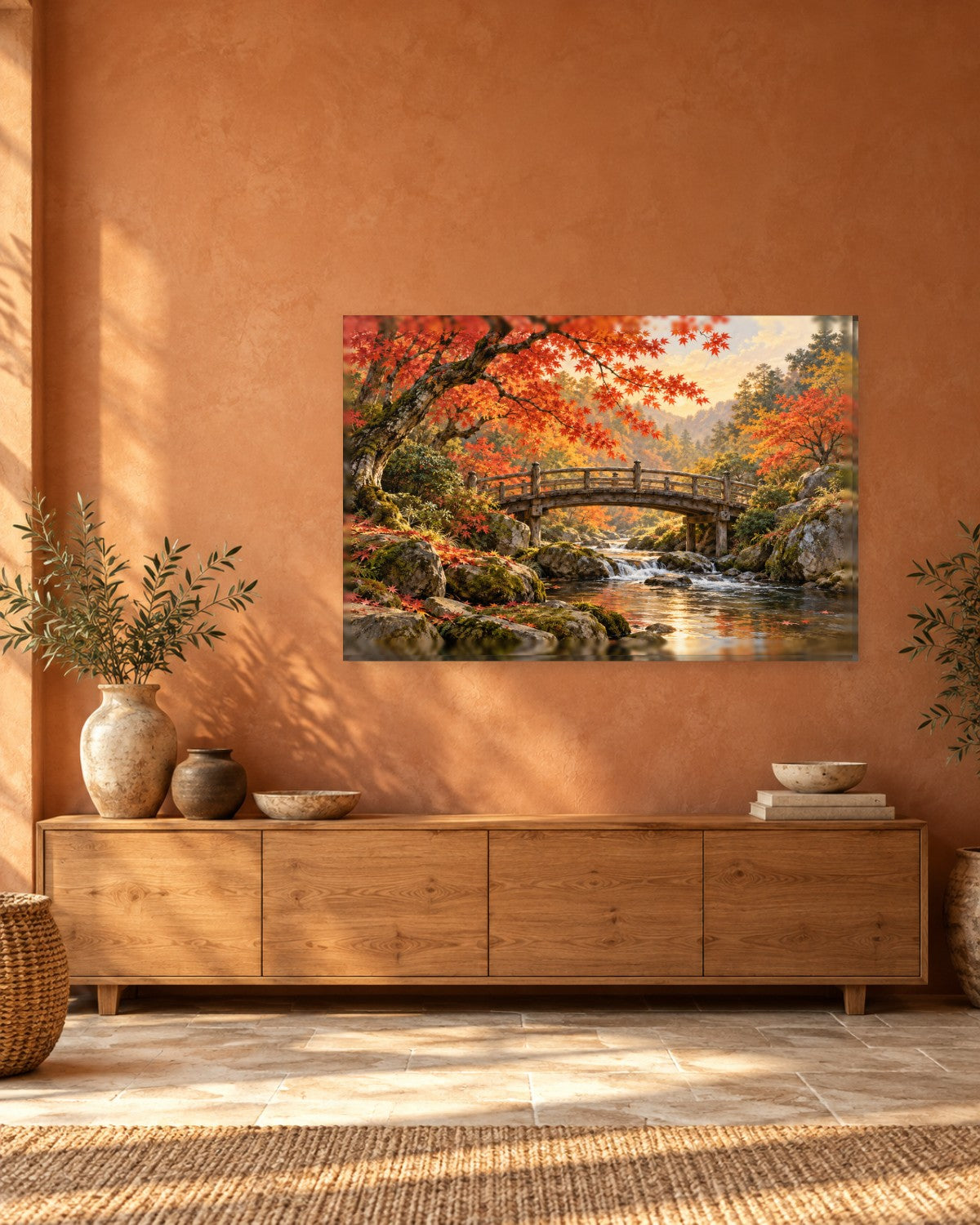 Japanese Bridge Wall Art - Wooden Footbridge Over a Stream Under Red Autumn Maples, Russet and Moss Canvas - Gallery Canvas - 38mm / 48 x 32 / Unframed preview