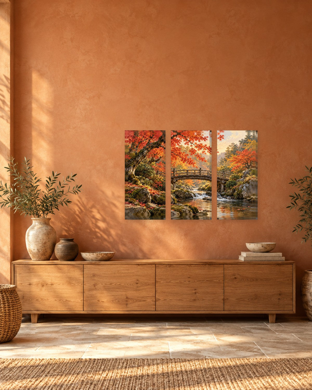 Japanese Bridge Wall Art - Wooden Footbridge Over a Stream Under Red Autumn Maples, Russet and Moss Canvas - Gallery Canvas - 38mm / 48 x 32 / Unframed preview