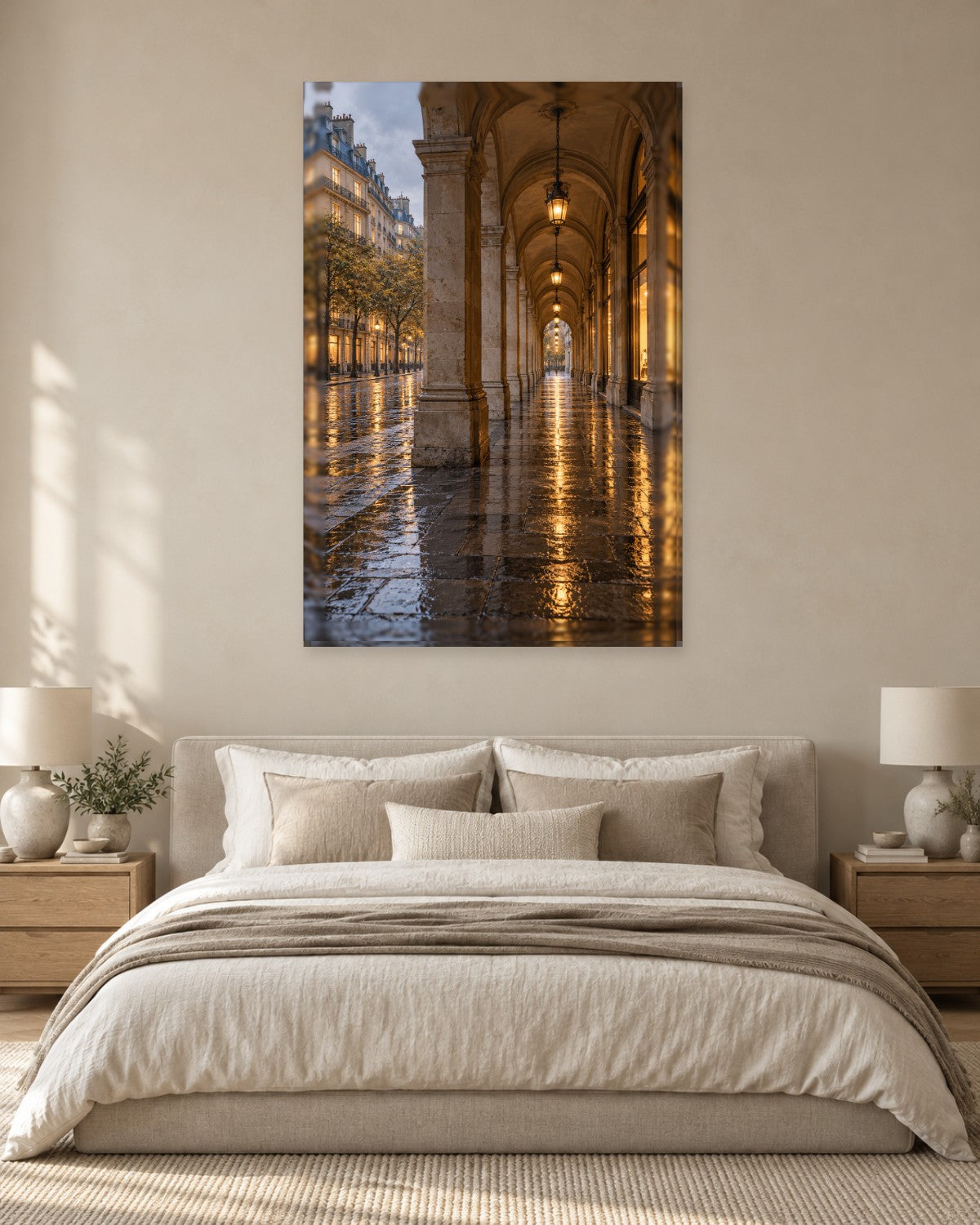 Paris Wall Art - Rainy Stone Arcade with Glowing Lanterns at Dusk, Tall Limestone and Amber Canvas - Gallery Canvas - 38mm / 48 x 32 / Unframed preview