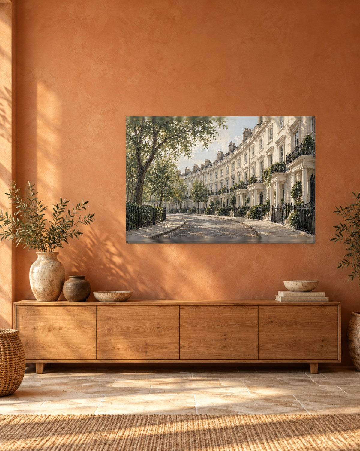 London Townhouse Wall Art - Curving Georgian Crescent with Black Railings and Trees, Cream and Sage Canvas - Gallery Canvas - 38mm / 48 x 32 / Unframed preview
