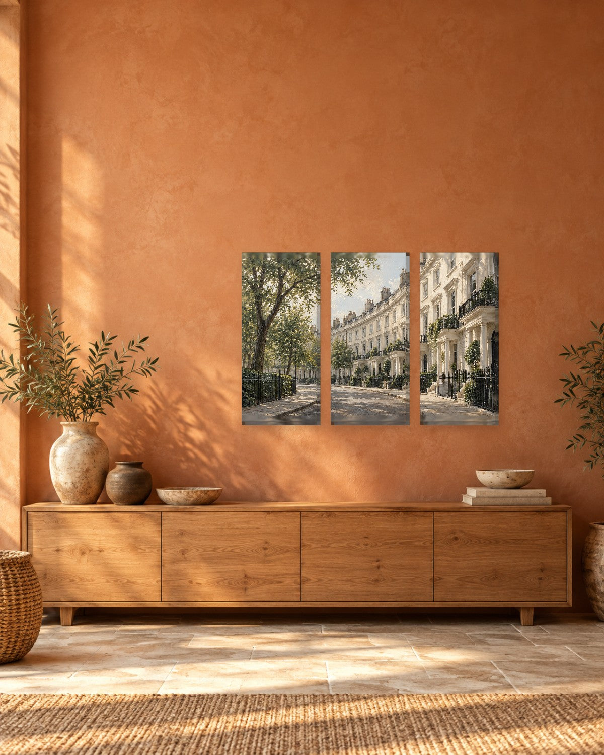 London Townhouse Wall Art - Curving Georgian Crescent with Black Railings and Trees, Cream and Sage Canvas - Gallery Canvas - 38mm / 48 x 32 / Unframed preview