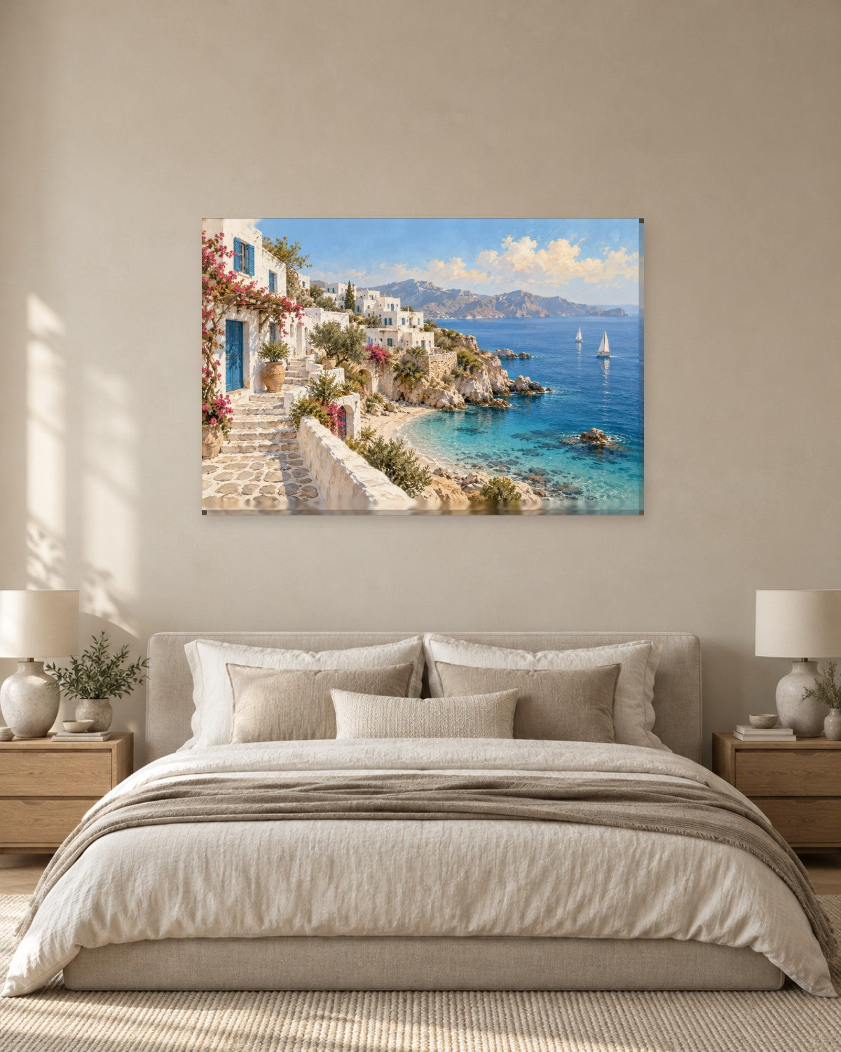 Greek Island Wall Art - Whitewashed Village Steps Above a Turquoise Aegean Cove, White and Blue Canvas - Gallery Canvas - 38mm / 48 x 32 / Unframed preview