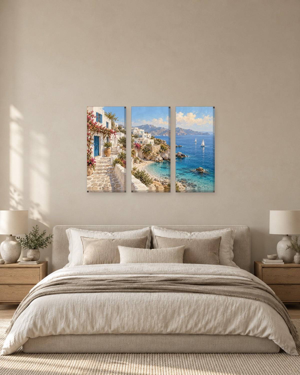 Greek Island Wall Art - Whitewashed Village Steps Above a Turquoise Aegean Cove, White and Blue Canvas - Gallery Canvas - 38mm / 48 x 32 / Unframed preview