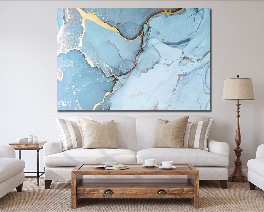 Abstract Marble Gold, Grey & Blue Marble Effect Canvas Wall Art