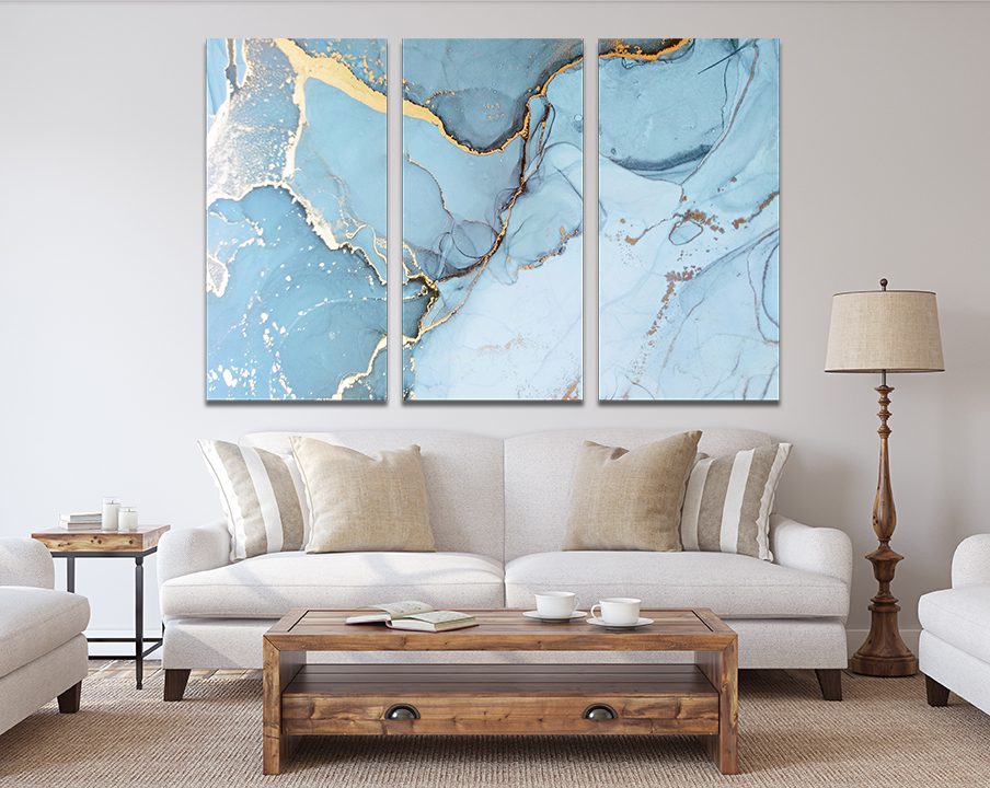 Abstract Marble Gold, Grey & Blue Marble Effect Canvas Wall Art