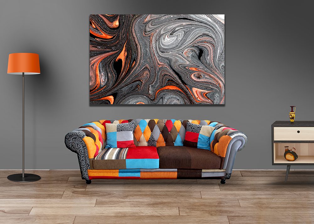 Abstract Ink Black Orange Liquid Marble Canvas Print Wall Art