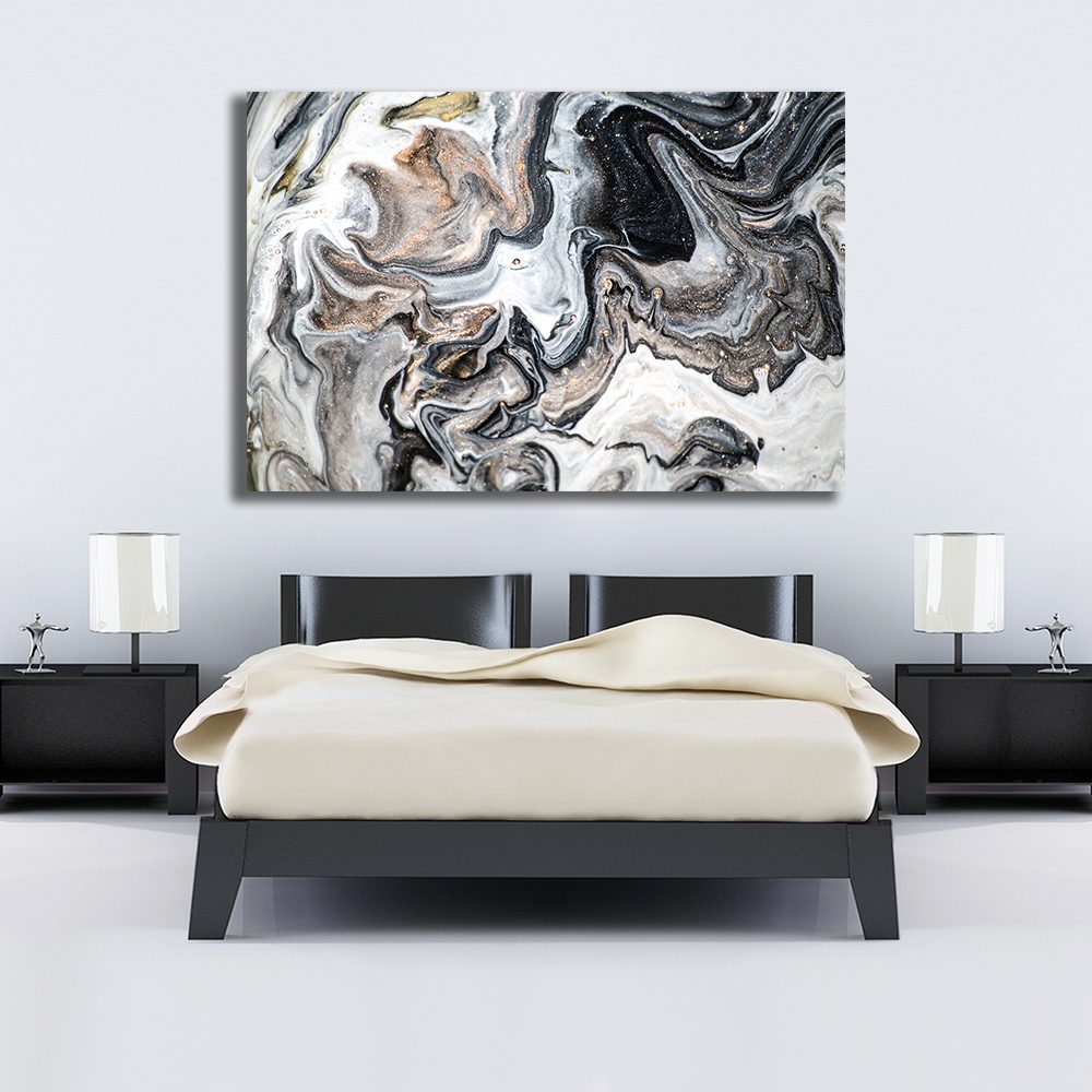 Abstract Ink Black White Gold Brown Liquid Marble Canvas Print Wall Art