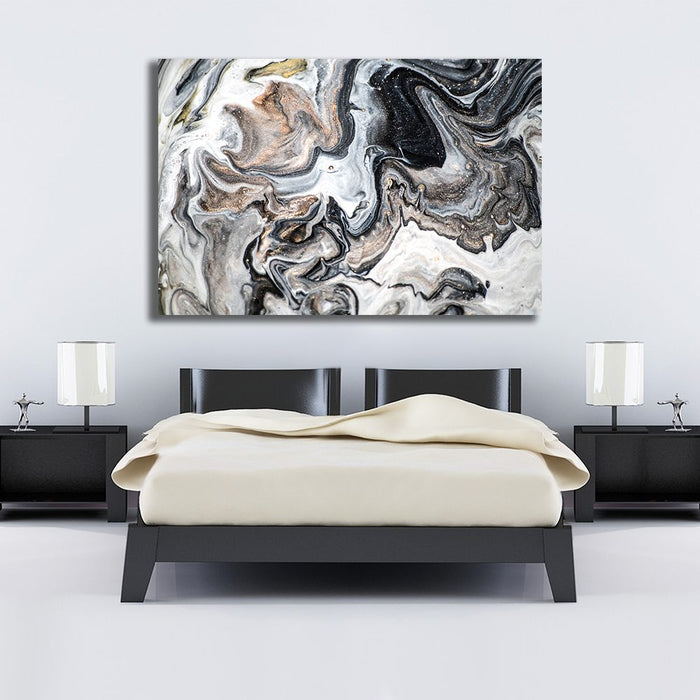 Abstract Ink Black White Gold Brown Liquid Marble Canvas Print Wall Art